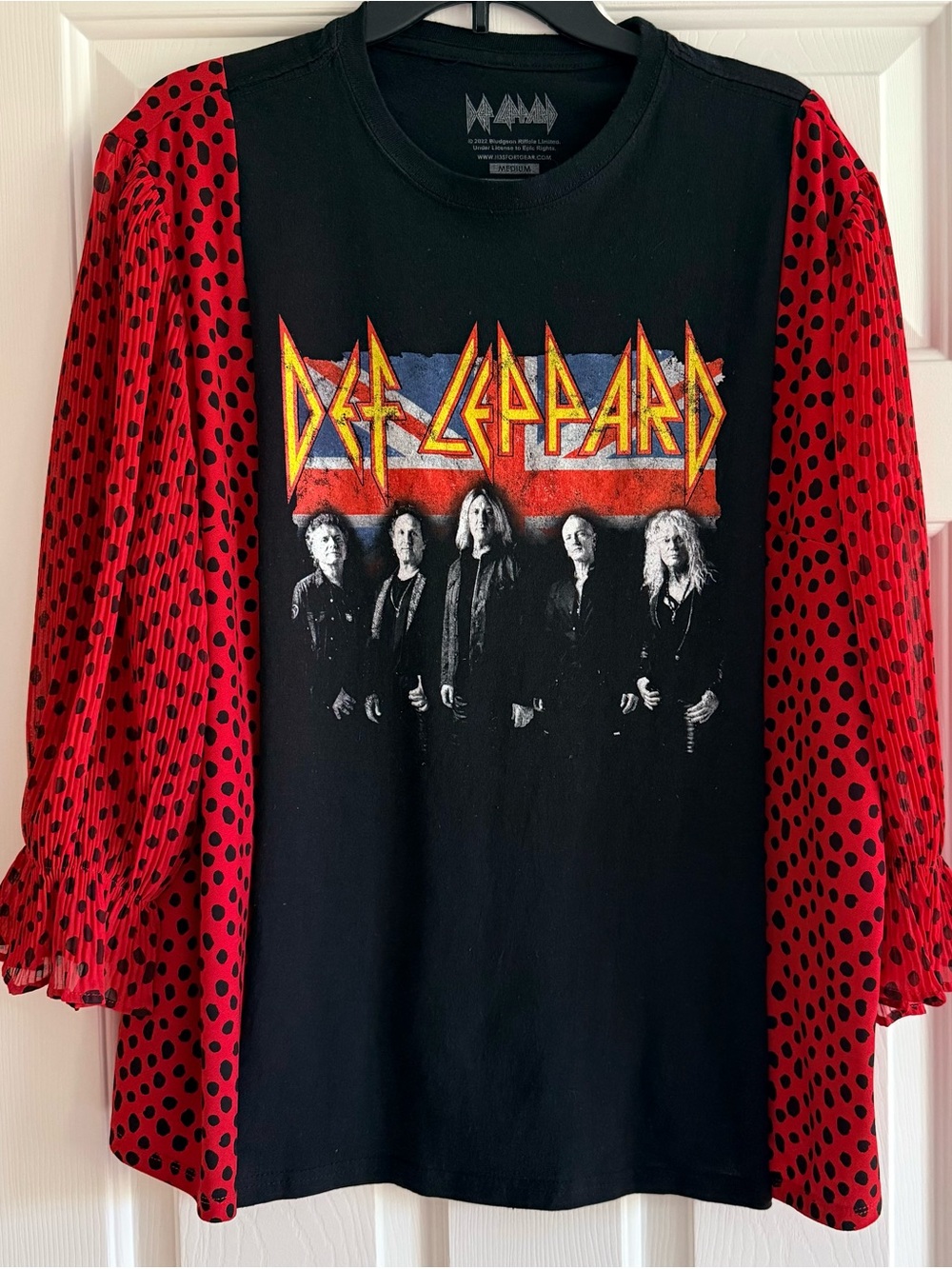 DEF LEPPARD Custom Upcycled Rock Top Red Black Polka Dot Sleeves OOAK OSFM BOHO